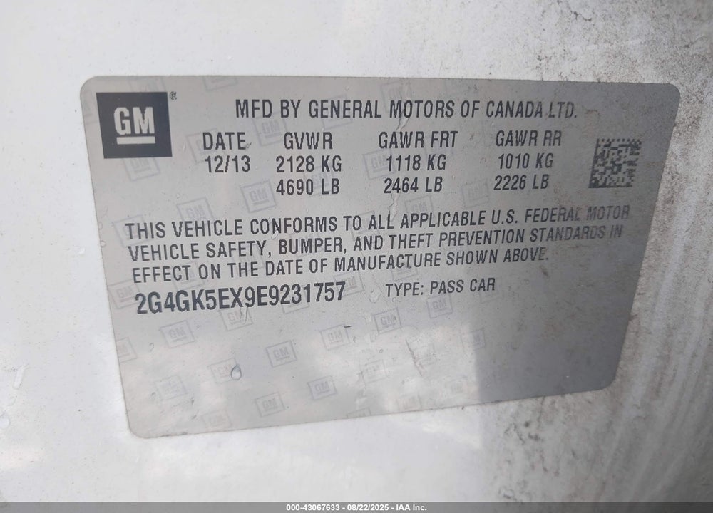 2014 BUICK REGAL VIN: 2G4GK5EX9E9231757