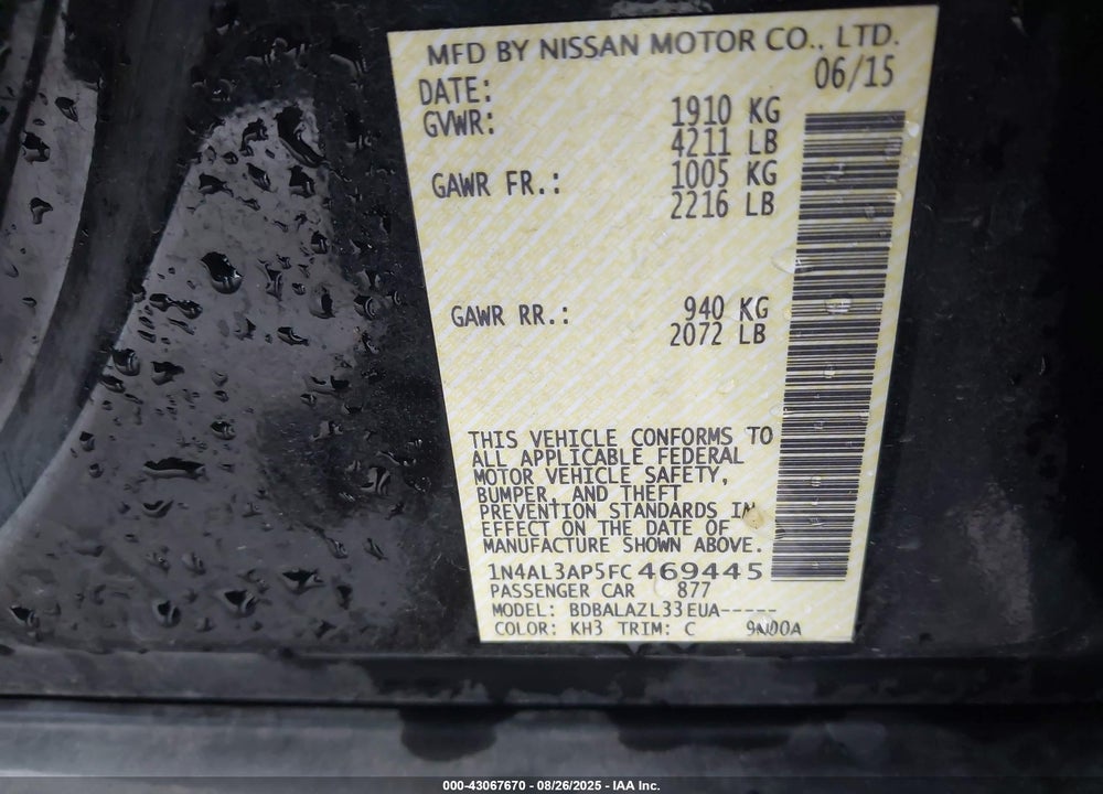 2015 NISSAN ALTIMA VIN: 1N4AL3AP5FC469445