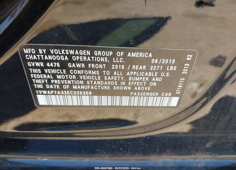 2014 VOLKSWAGEN PASSAT 2.5L S VIN: 1VWAP7A32EC025356