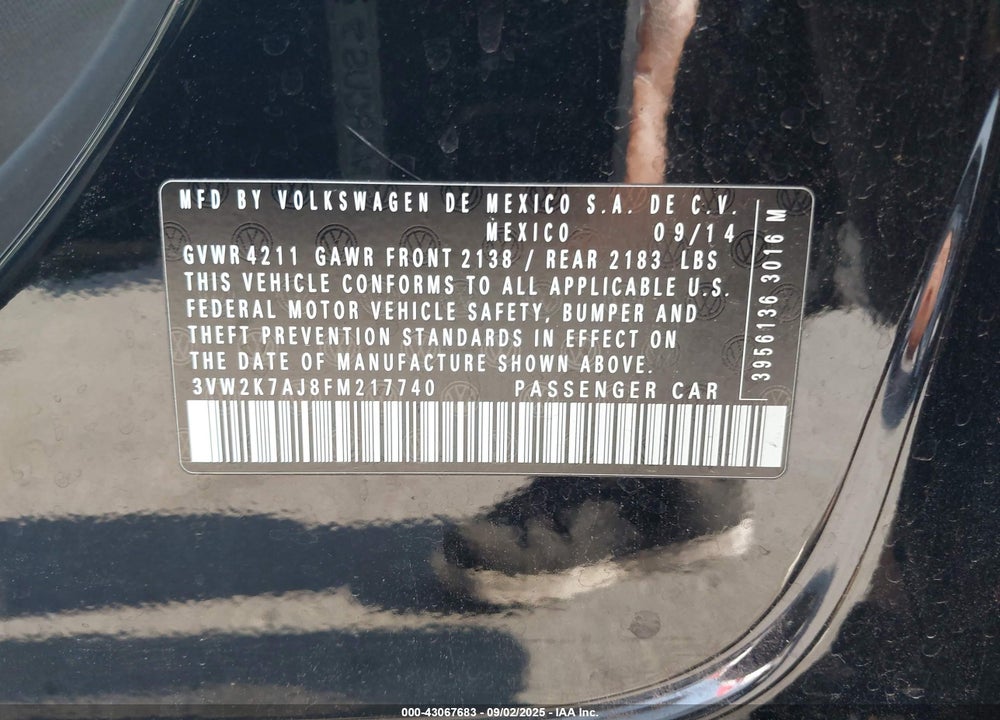 2015 VOLKSWAGEN JETTA 2.0L S VIN: 3VW2K7AJ8FM217740