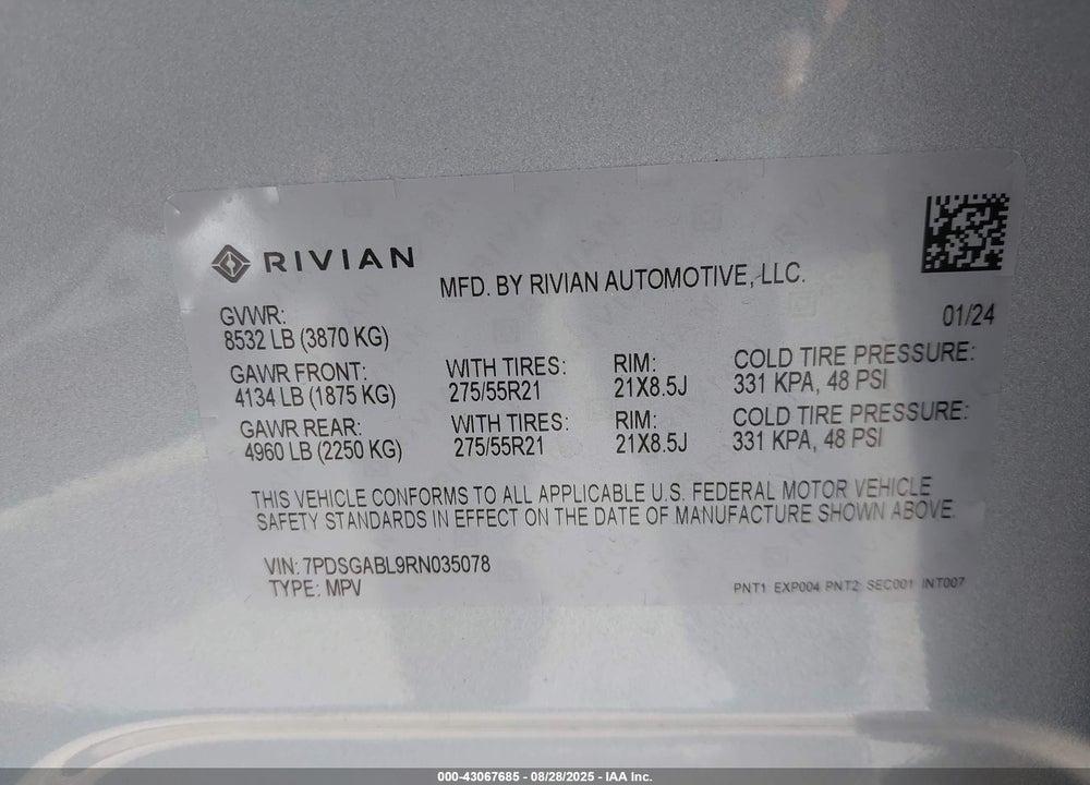 2024 RIVIAN R1S LAUNCH EDITION QUAD MOTOR LARGE PACK VIN: 7PDSGABL9RN035078