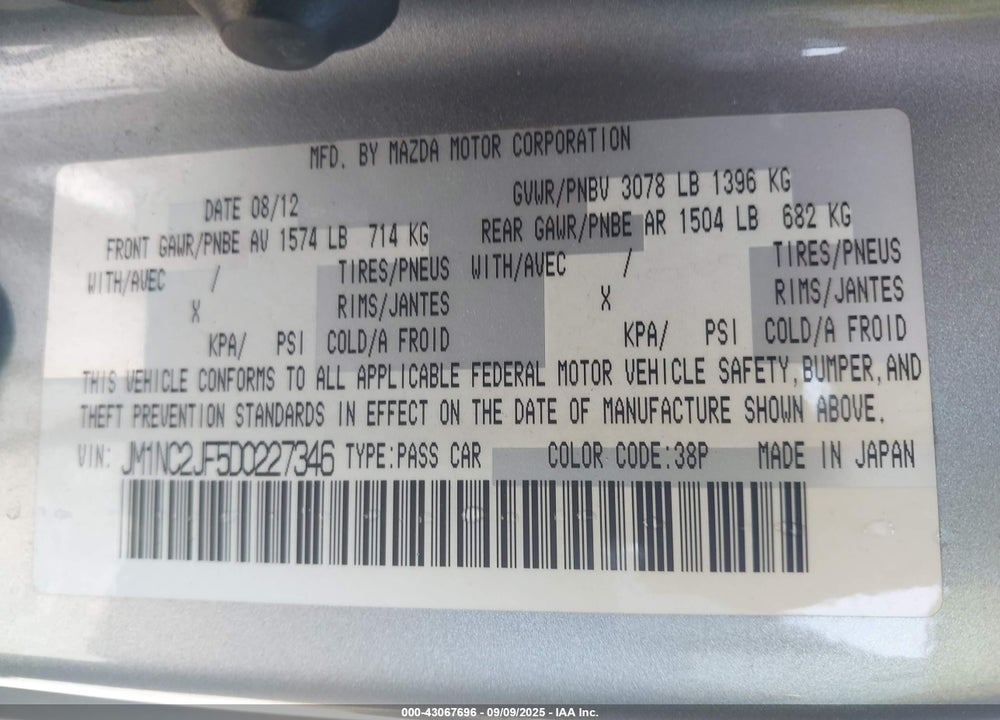 2013 MAZDA MX-5 MIATA VIN: JM1NC2JF5D0227346