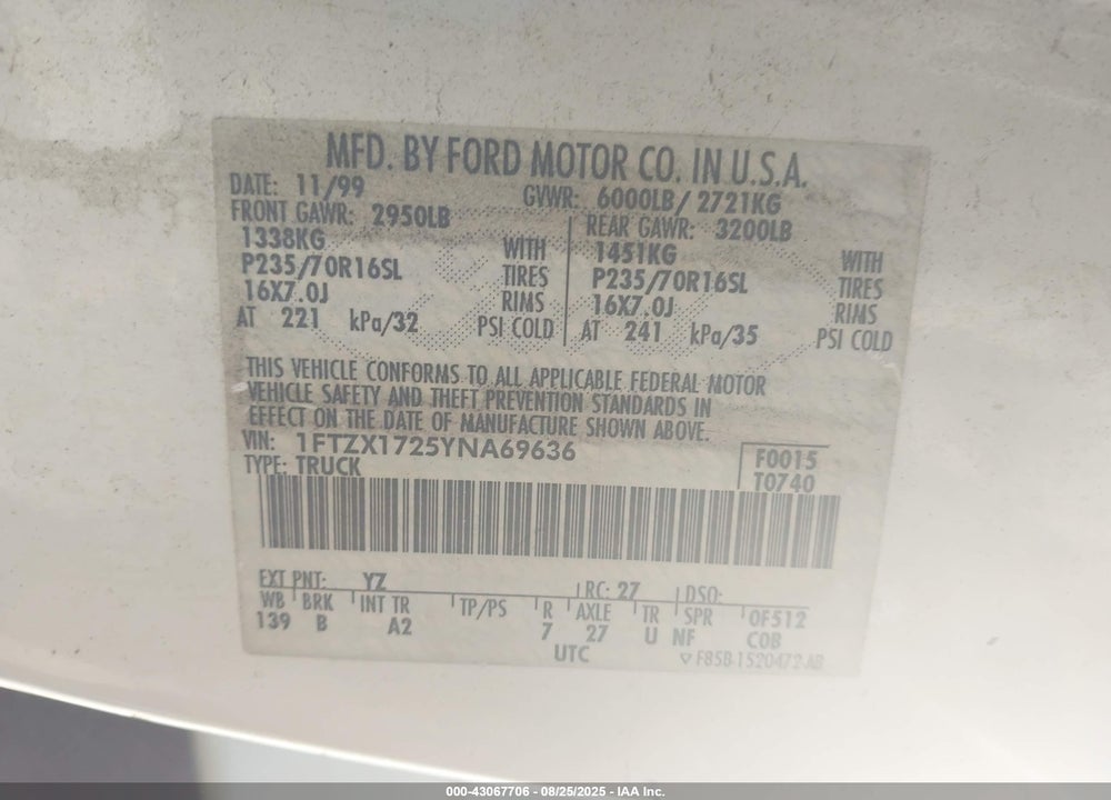 2000 FORD F-150 WORK SERIES/XL/XLT VIN: 1FTZX1725YNA69636