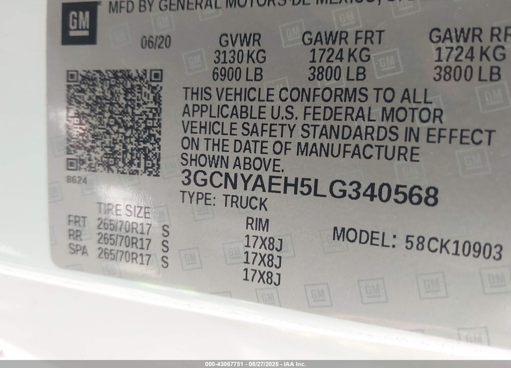 2020 CHEVROLET SILVERADO 1500 VIN: 3GCNYAEH5LG340568