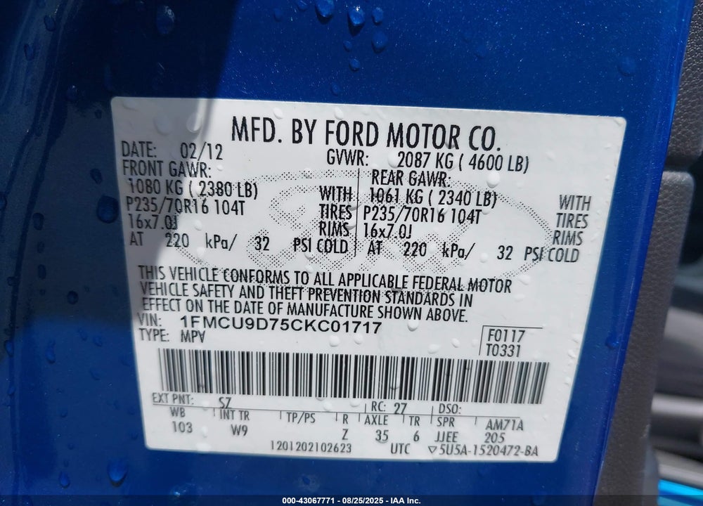 2012 FORD ESCAPE XLT VIN: 1FMCU9D75CKC01717