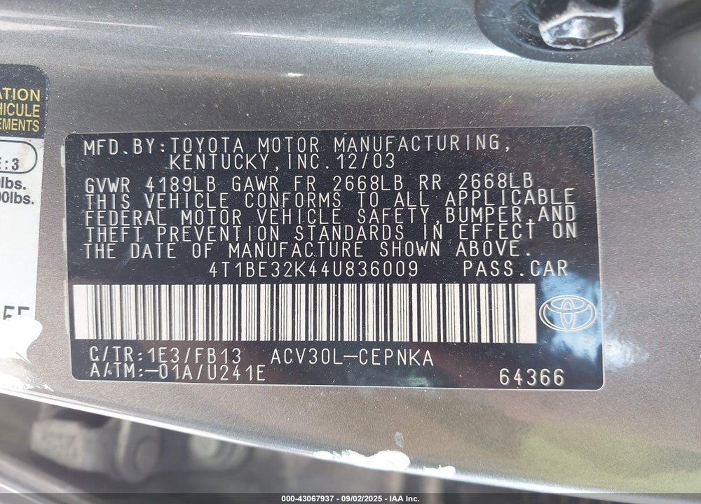 2004 TOYOTA CAMRY LE VIN: 4T1BE32K44U836009
