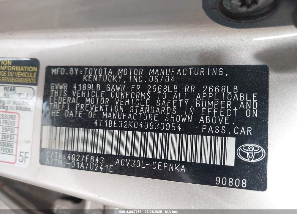 2004 TOYOTA CAMRY LE VIN: 4T1BE32K04U930954
