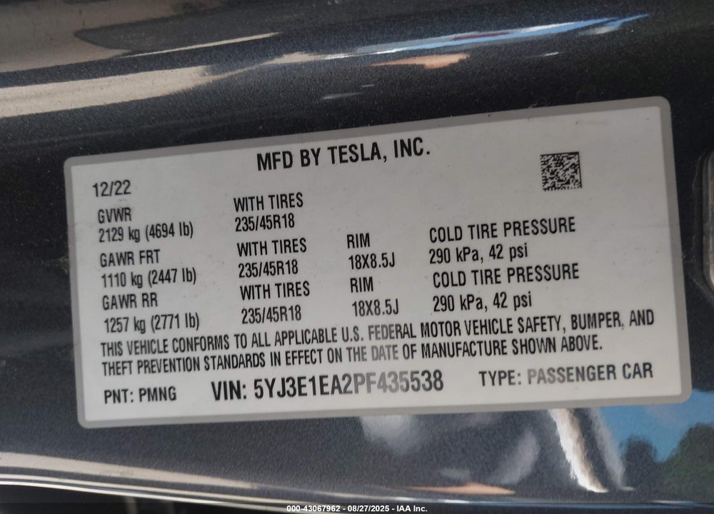 2023 TESLA MODEL 3 VIN: 5YJ3E1EA2PF435538