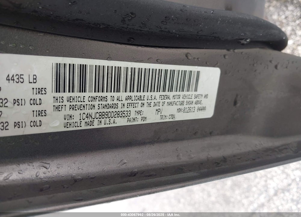 2013 JEEP COMPASS VIN: 1C4NJCBB9DD283533