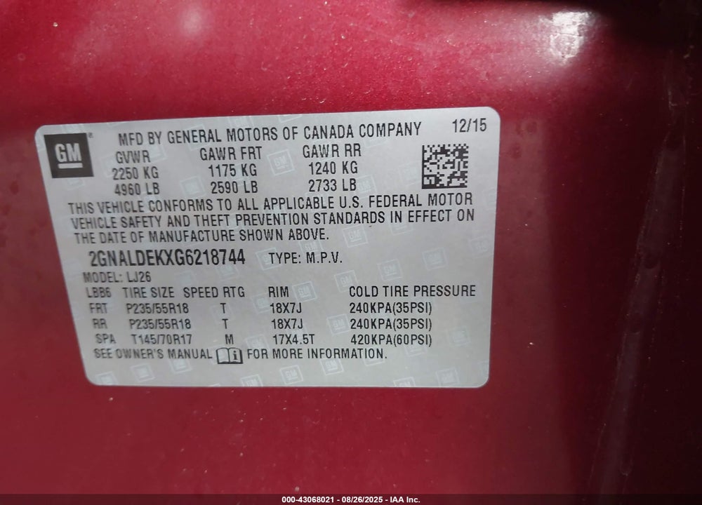 2016 CHEVROLET EQUINOX VIN: 2GNALDEKXG6218744