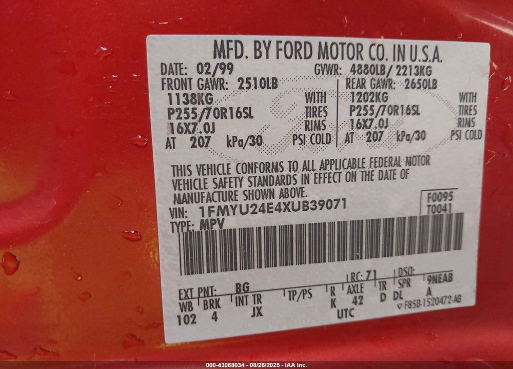 1999 FORD EXPLORER SPORT VIN: 1FMYU24E4XUB39071