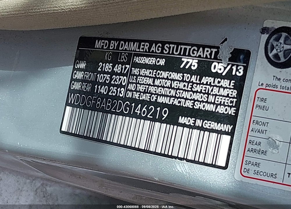 2013 MERCEDES-BENZ C CLASS VIN: WDDGF8AB2DG146219