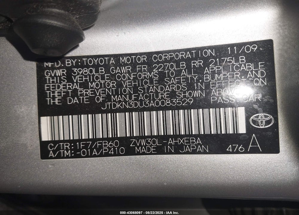2010 TOYOTA PRIUS VIN: JTDKN3DU3A0083529