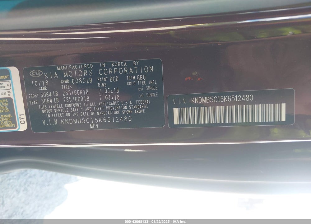 2019 KIA SEDONA EX VIN: KNDMB5C15K6512480