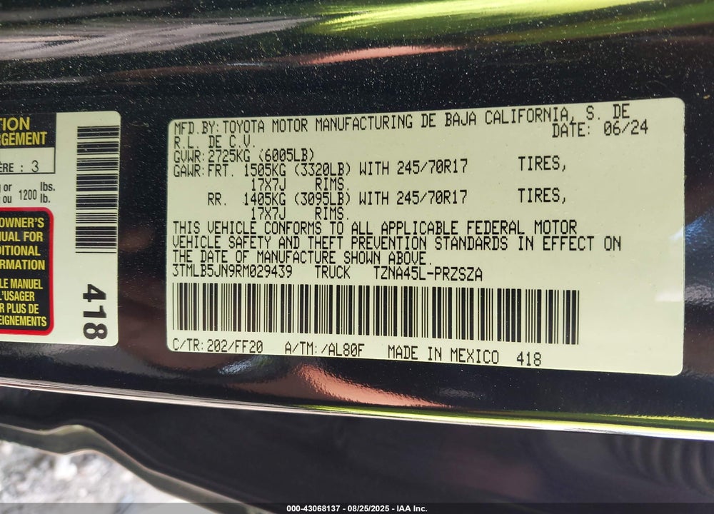 2024 TOYOTA TACOMA VIN: 3TMLB5JN9RM029439