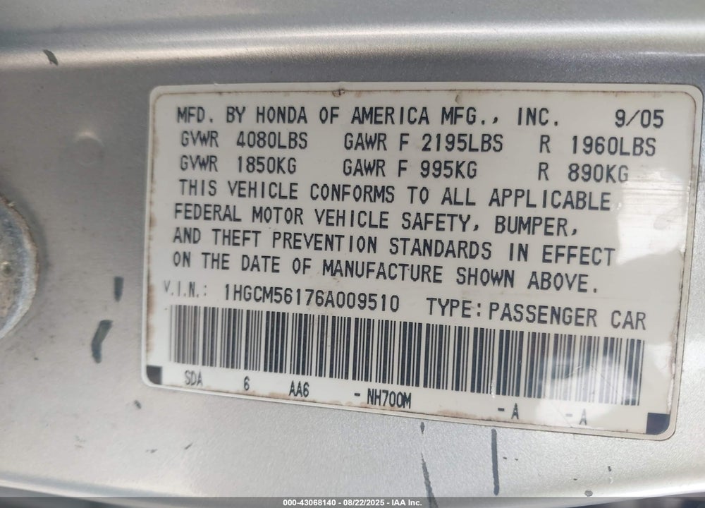 2006 HONDA ACCORD VIN: 1HGCM56176A009510