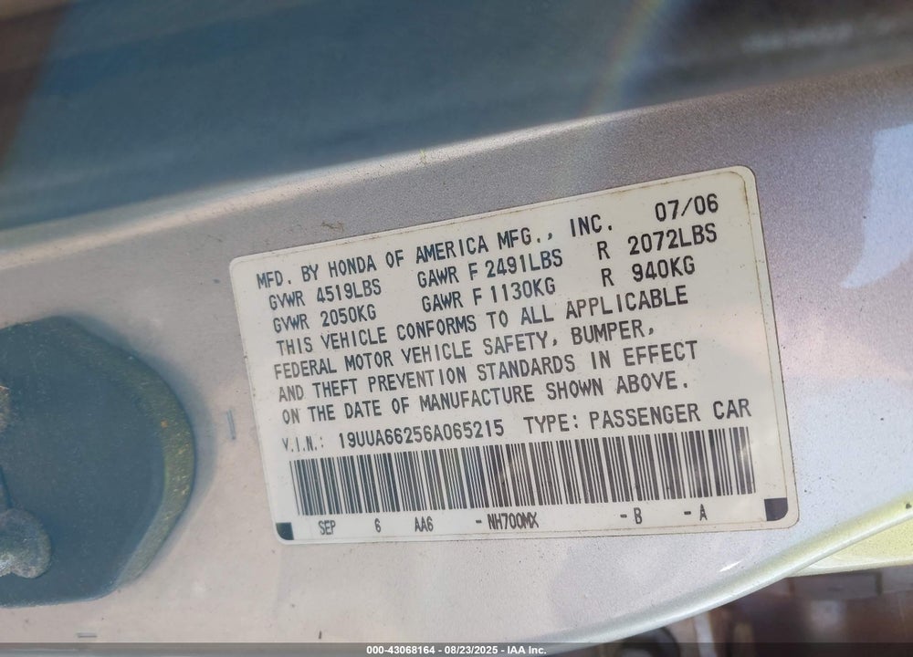2006 ACURA TL VIN: 19UUA66256A065215