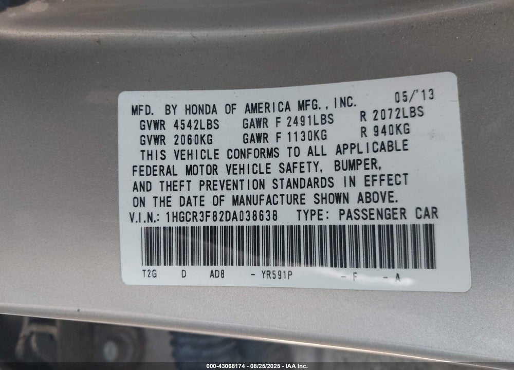 2013 HONDA ACCORD VIN: 1HGCR3F82DA038638