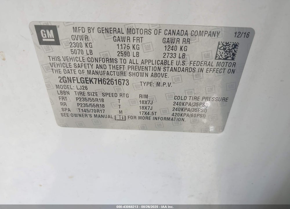 2017 CHEVROLET EQUINOX VIN: 2GNFLGEK7H6261673