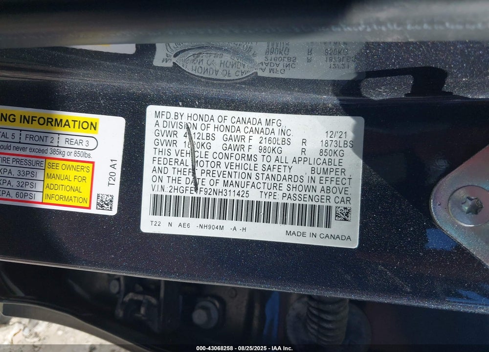 2022 HONDA CIVIC VIN: 2HGFE1F92NH311425