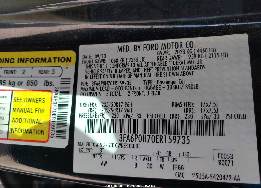 2014 FORD FUSION VIN: 3FA6P0H70ER159735