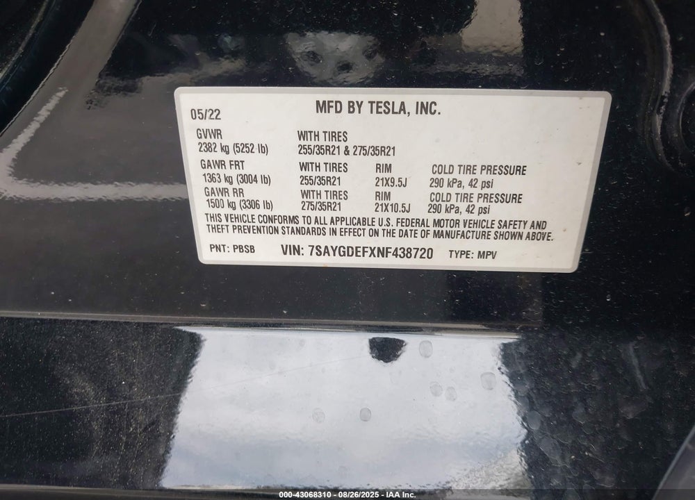 2022 TESLA MODEL Y PERFORMANCE DUAL MOTOR ALL-WHEEL DRIVE VIN: 7SAYGDEFXNF438720