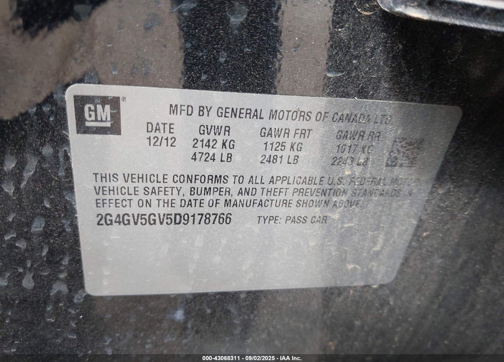 2013 BUICK REGAL VIN: 2G4GV5GV5D9178766