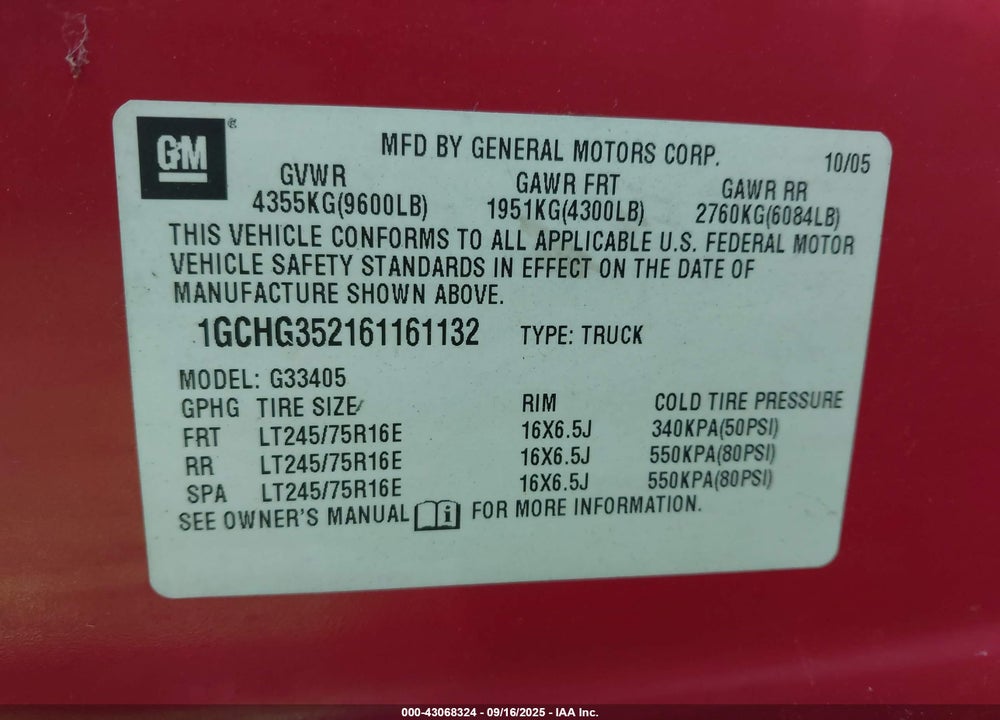 2006 CHEVROLET EXPRESS WORK VAN VIN: 1GCHG352161161132