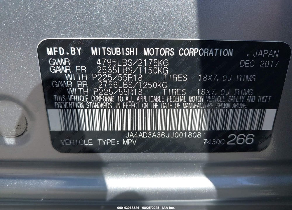 2018 MITSUBISHI OUTLANDER SE VIN: JA4AD3A36JJ001808