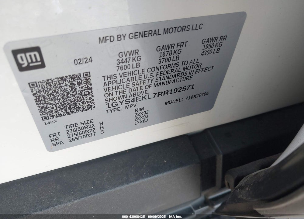2024 CADILLAC ESCALADE 4WD SPORT VIN: 1GYS4EKL7RR192571