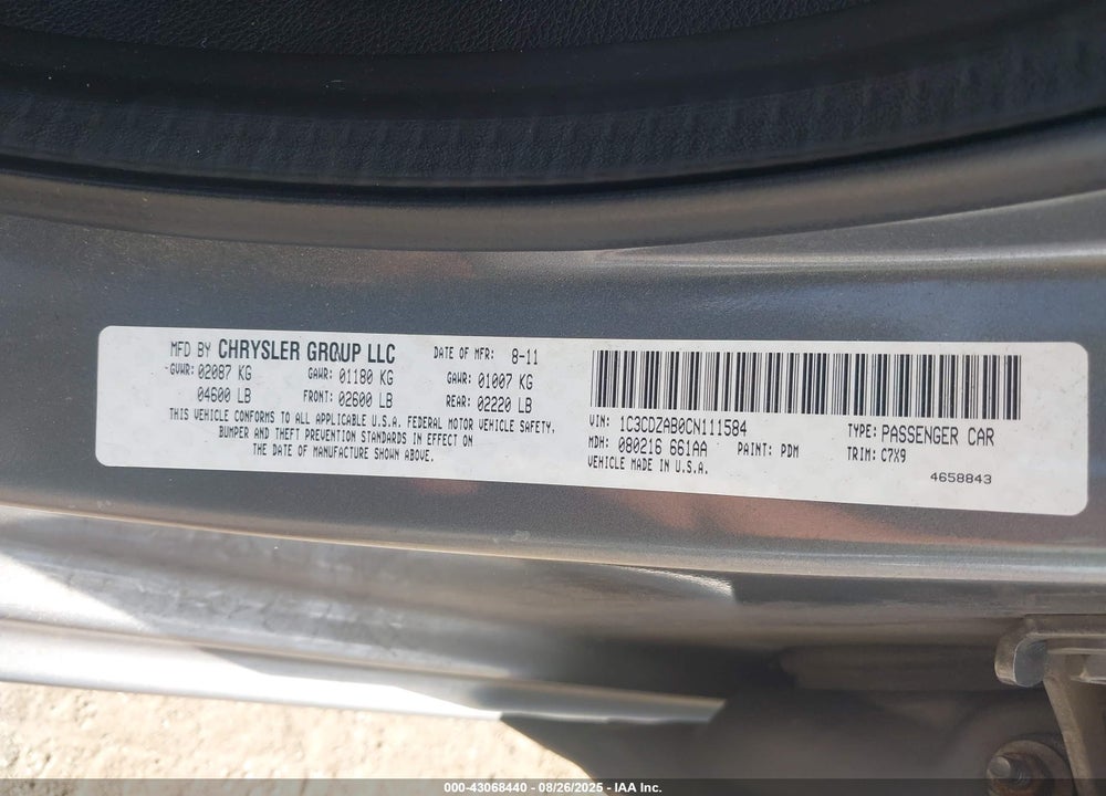 2012 DODGE AVENGER VIN: 1C3CDZAB0CN111584