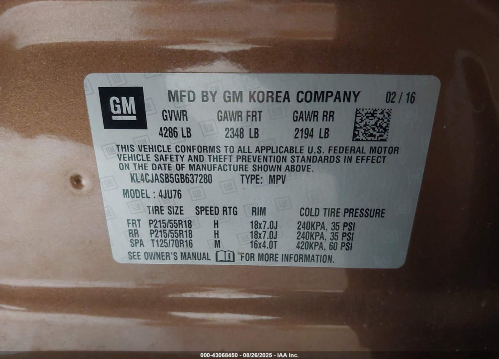 2016 BUICK ENCORE VIN: KL4CJASB5GB637280