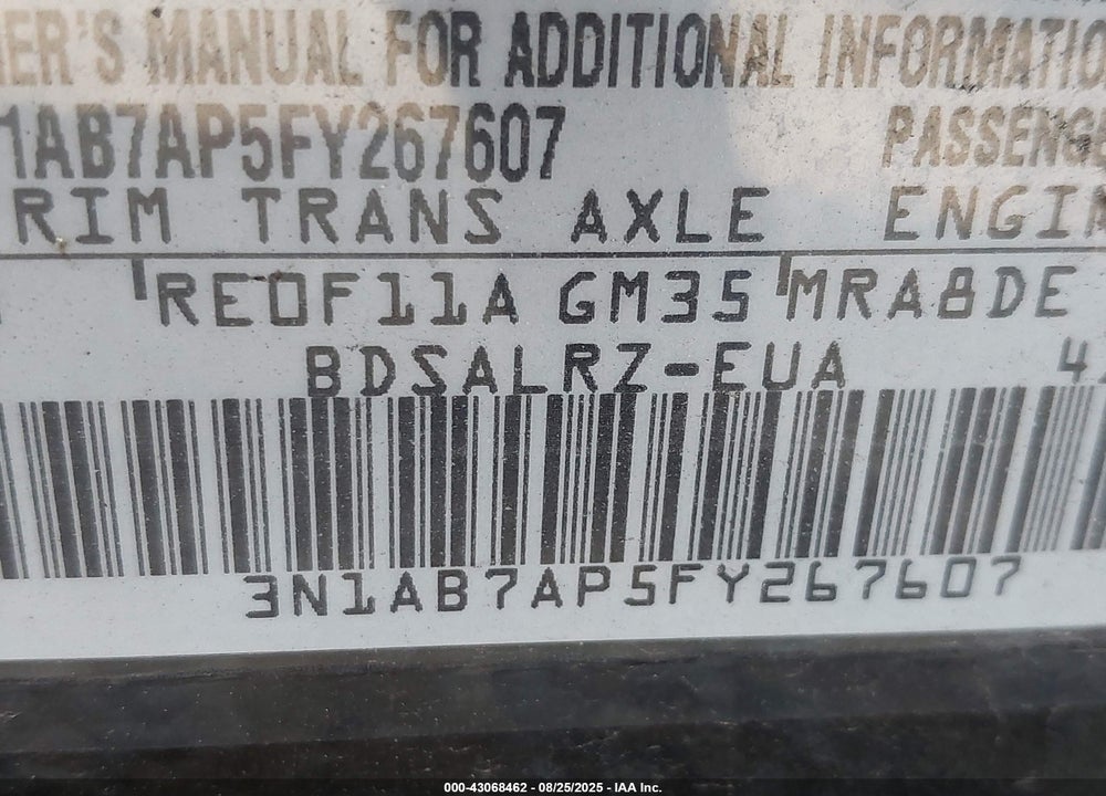 2015 NISSAN SENTRA SR VIN: 3N1AB7AP5FY267607