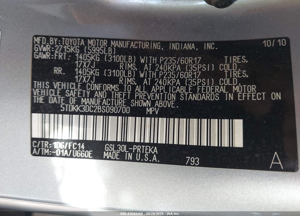 2011 TOYOTA SIENNA LE V6 VIN: 5TDKK3DC2BS090700