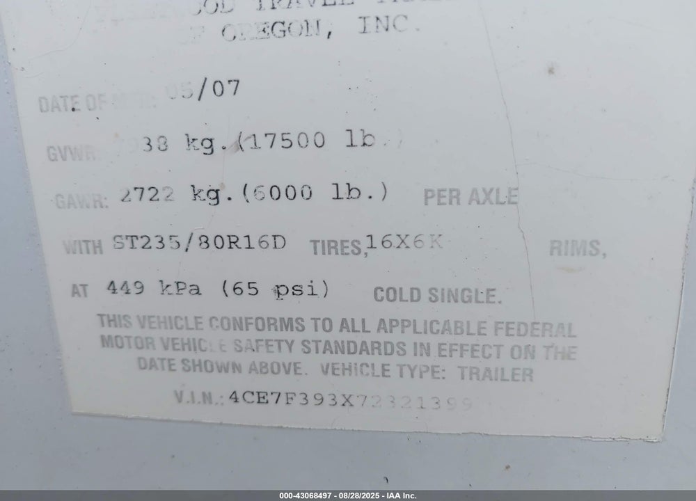 2007 GEARBOX CAMPER VIN: 4CE7F393X72321399