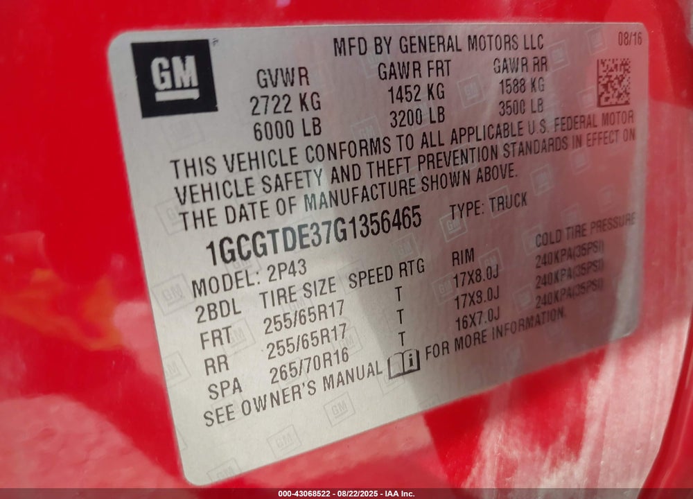 2016 CHEVROLET COLORADO Z71 VIN: 1GCGTDE37G1356465