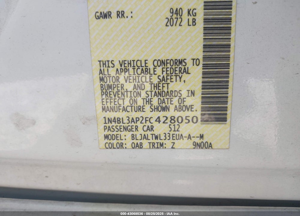 2015 NISSAN ALTIMA VIN: 1N4BL3AP2FC428050