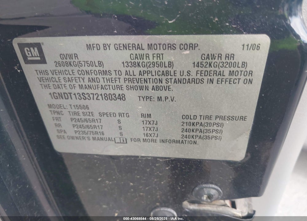 2007 CHEVROLET TRAILBLAZER LS VIN: 1GNDT13S372180348