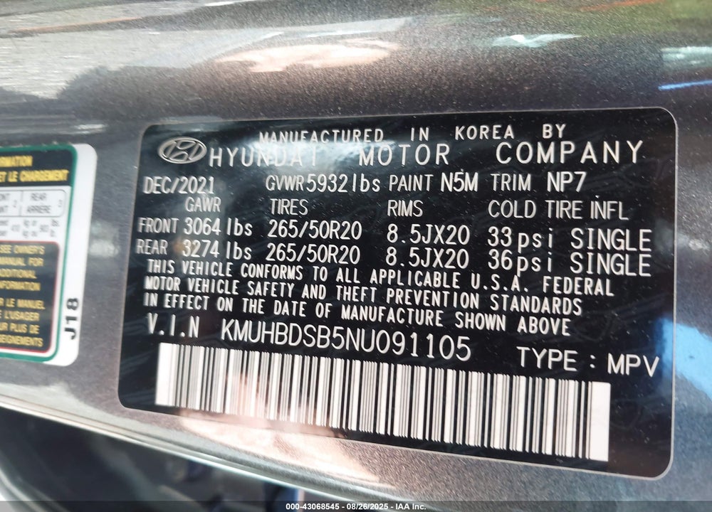 2022 GENESIS GV80 VIN: KMUHBDSB5NU091105
