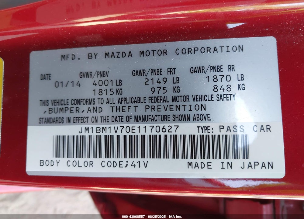 2014 MAZDA 3 VIN: JM1BM1V70E1170627