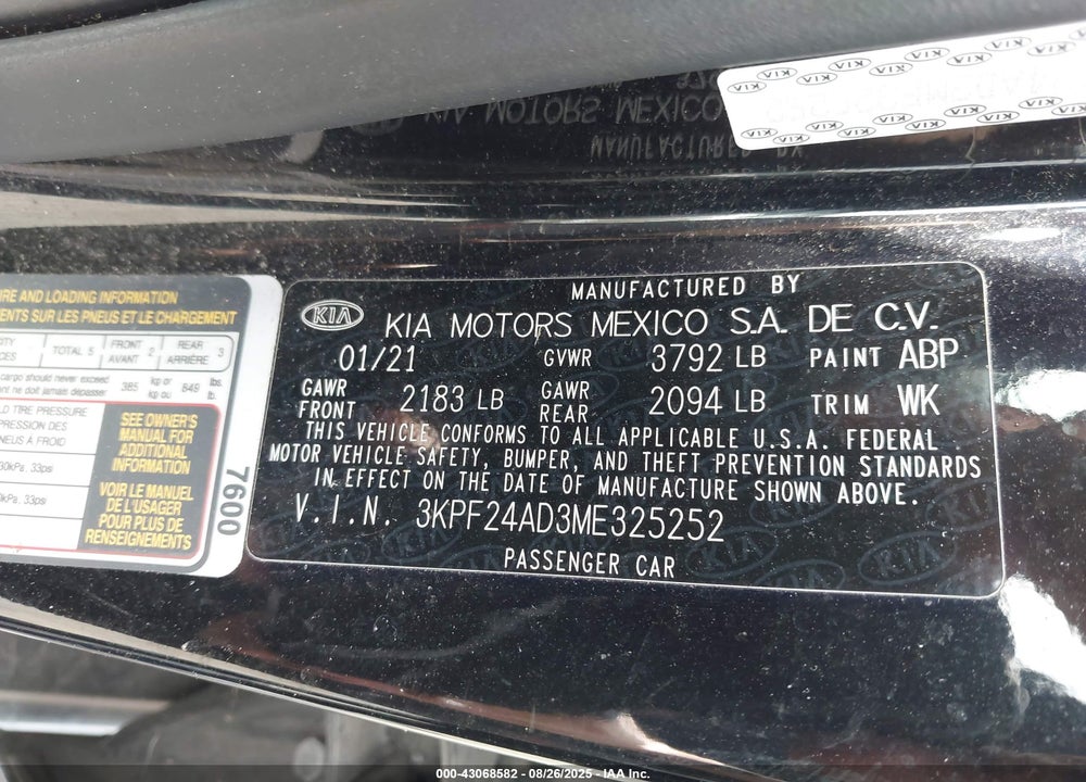 2021 KIA FORTE VIN: 3KPF24AD3ME325252