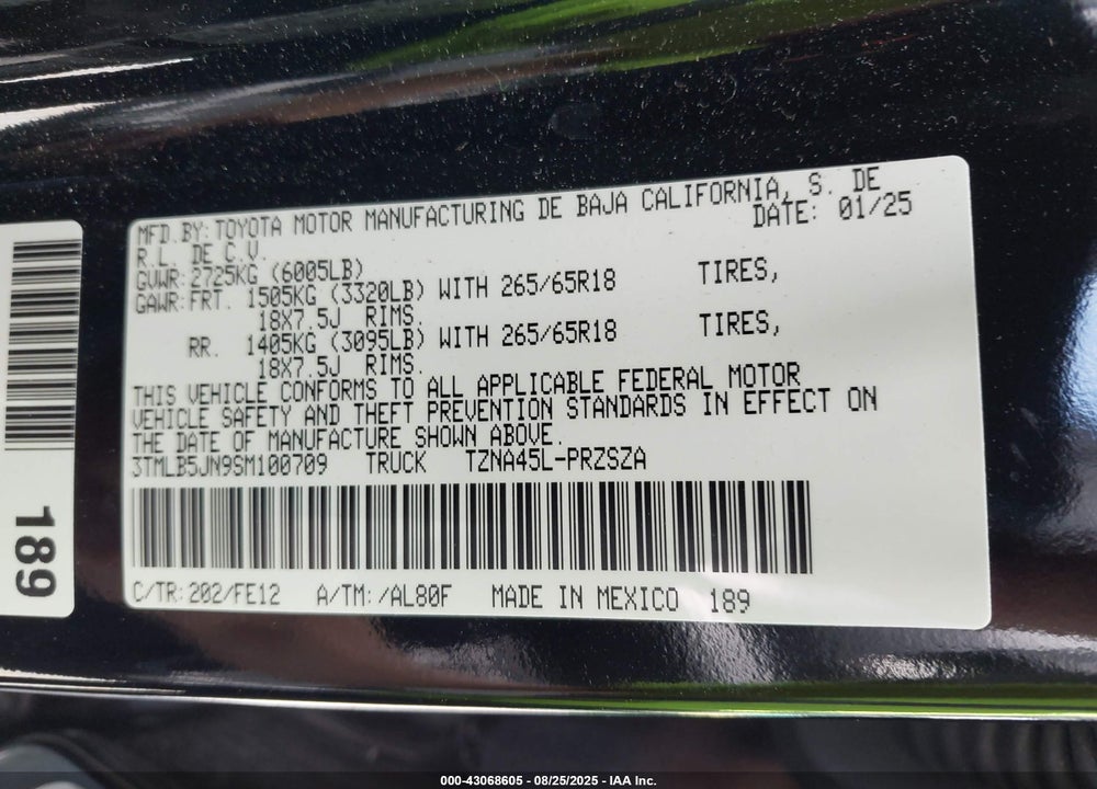 2025 TOYOTA TACOMA VIN: 3TMLB5JN9SM100709