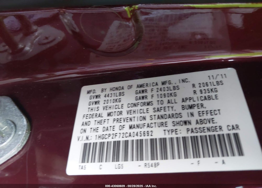 2012 HONDA ACCORD VIN: 1HGCP2F72CA045692