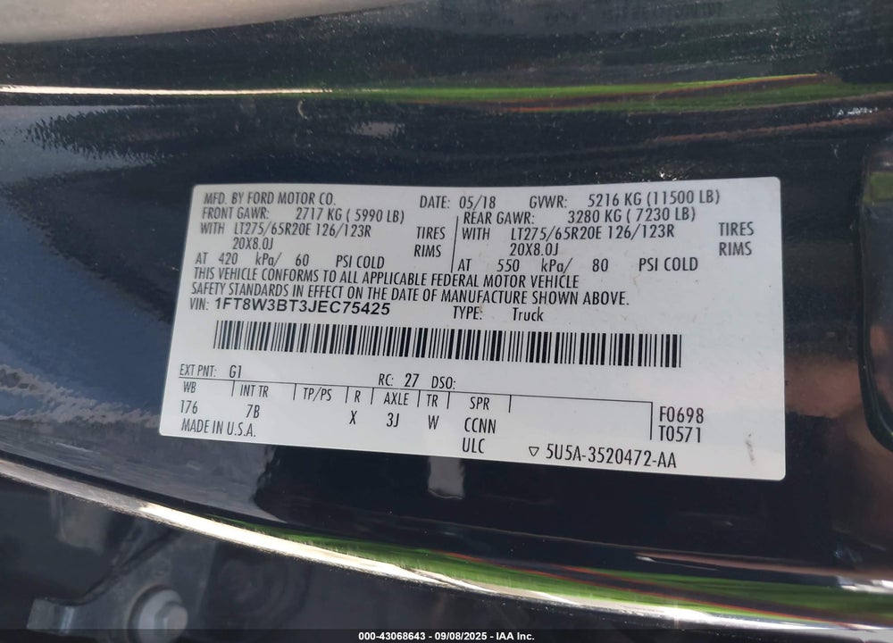 2018 FORD F-350 PLATINUM VIN: 1FT8W3BT3JEC75425