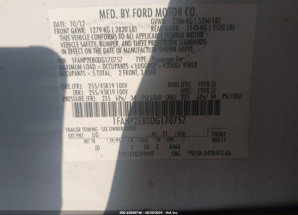 2013 FORD TAURUS VIN: 1FAHP2E80DG170757