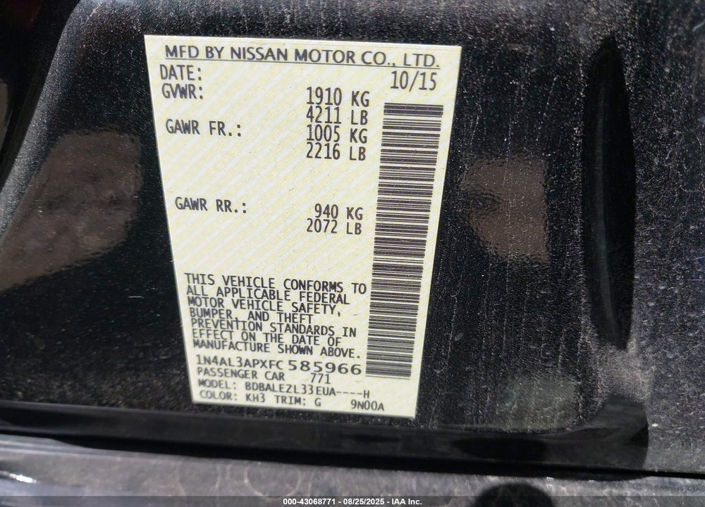 2015 NISSAN ALTIMA VIN: 1N4AL3APXFC585966