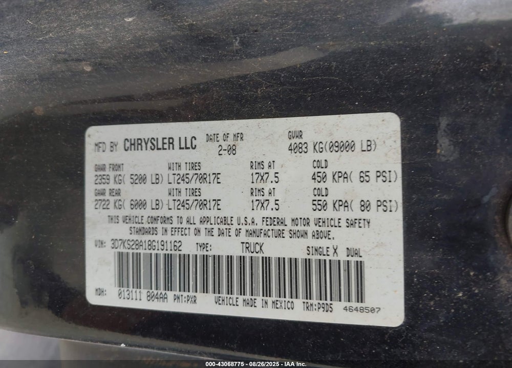 2008 DODGE RAM 2500 ST/SXT VIN: 3D7KS28A18G191162