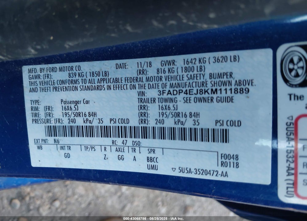2019 FORD FIESTA VIN: 3FADP4EJ8KM111889