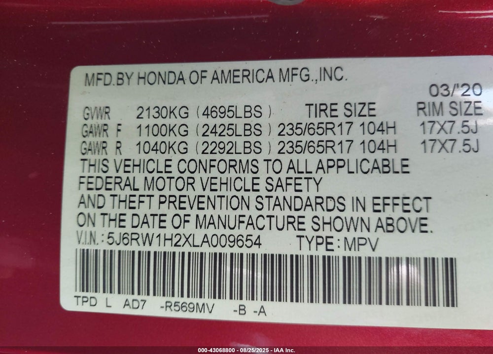 2020 HONDA CR-V VIN: 5J6RW1H2XLA009654