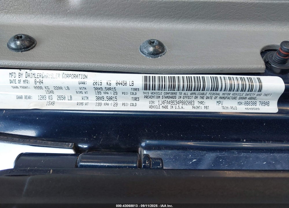 2004 JEEP WRANGLER SPORT VIN: 1J4FA49S34P802083